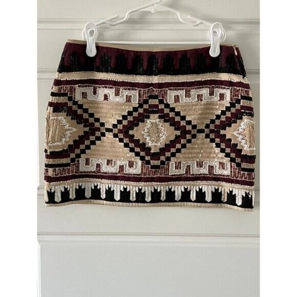 Zara Trafaluc Embellished Mini Skirt Beige/Burgundy Black Geometric Design Cotto - Picture 6 of 12